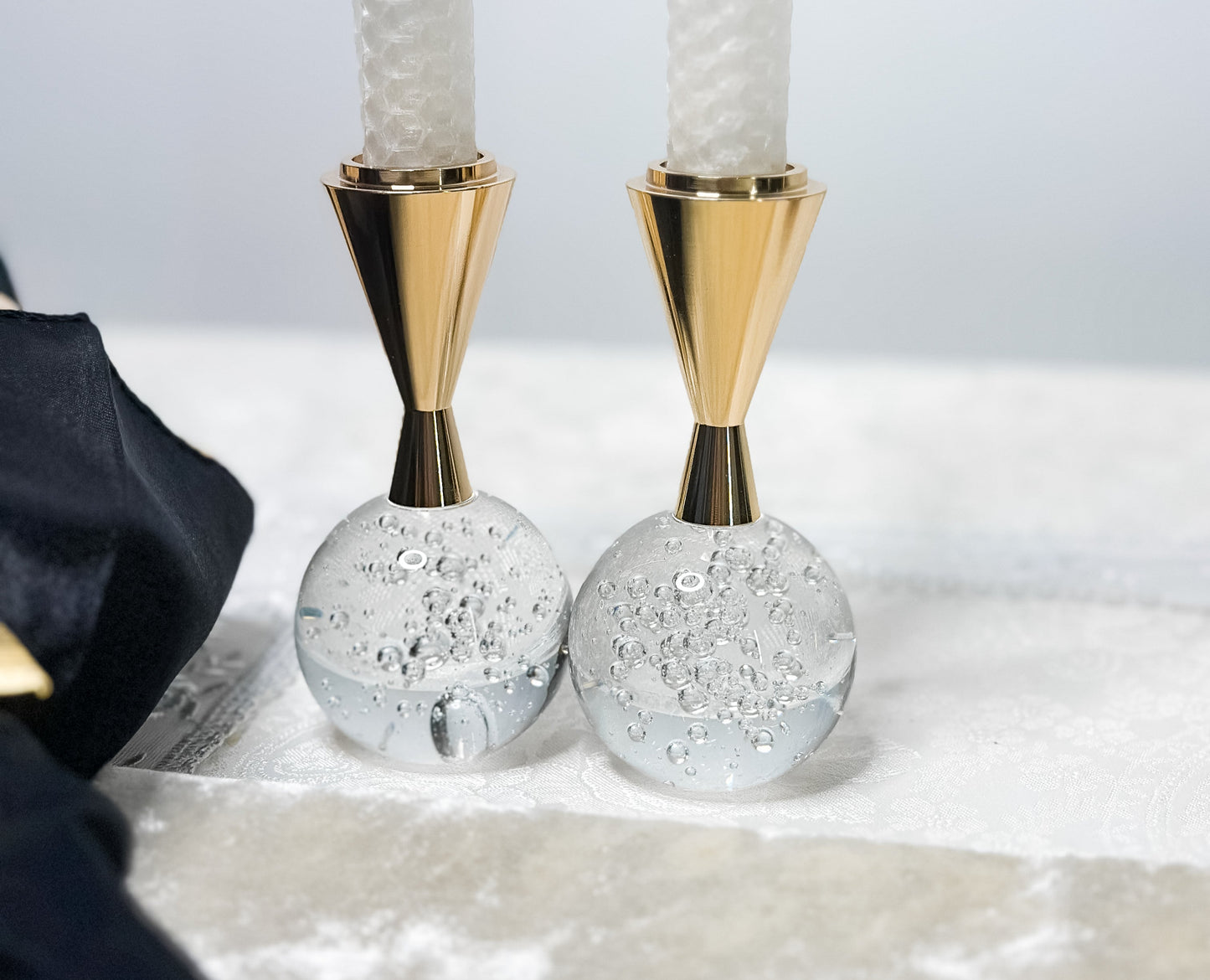 Bubble Bulb Clear and Gold Shabbat Candlesticks