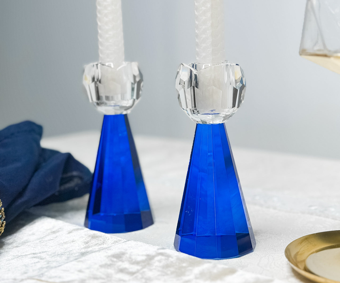 Royal Blue Crystal Shabbat Candlesticks