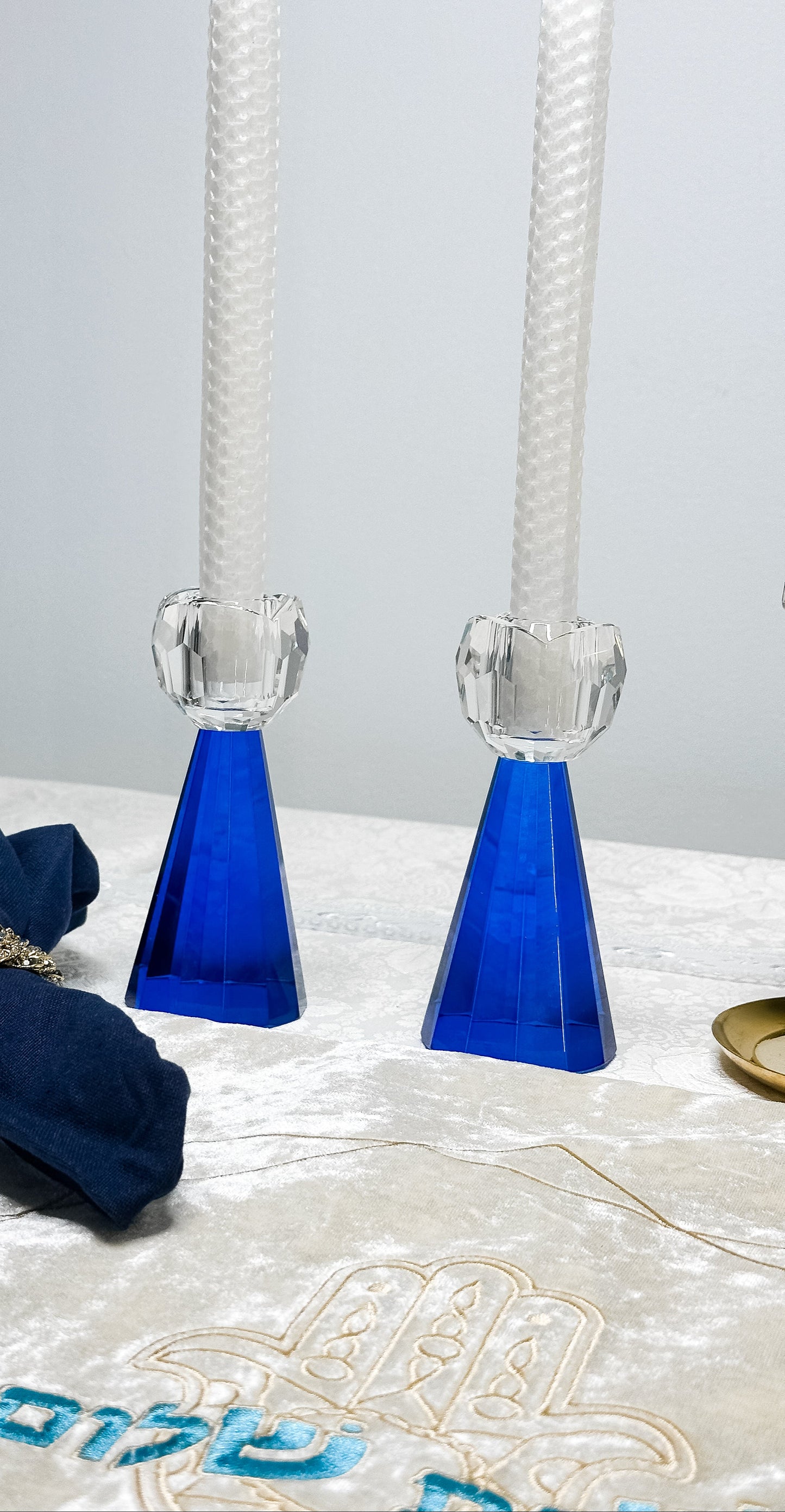 Royal Blue Crystal Shabbat Candlesticks