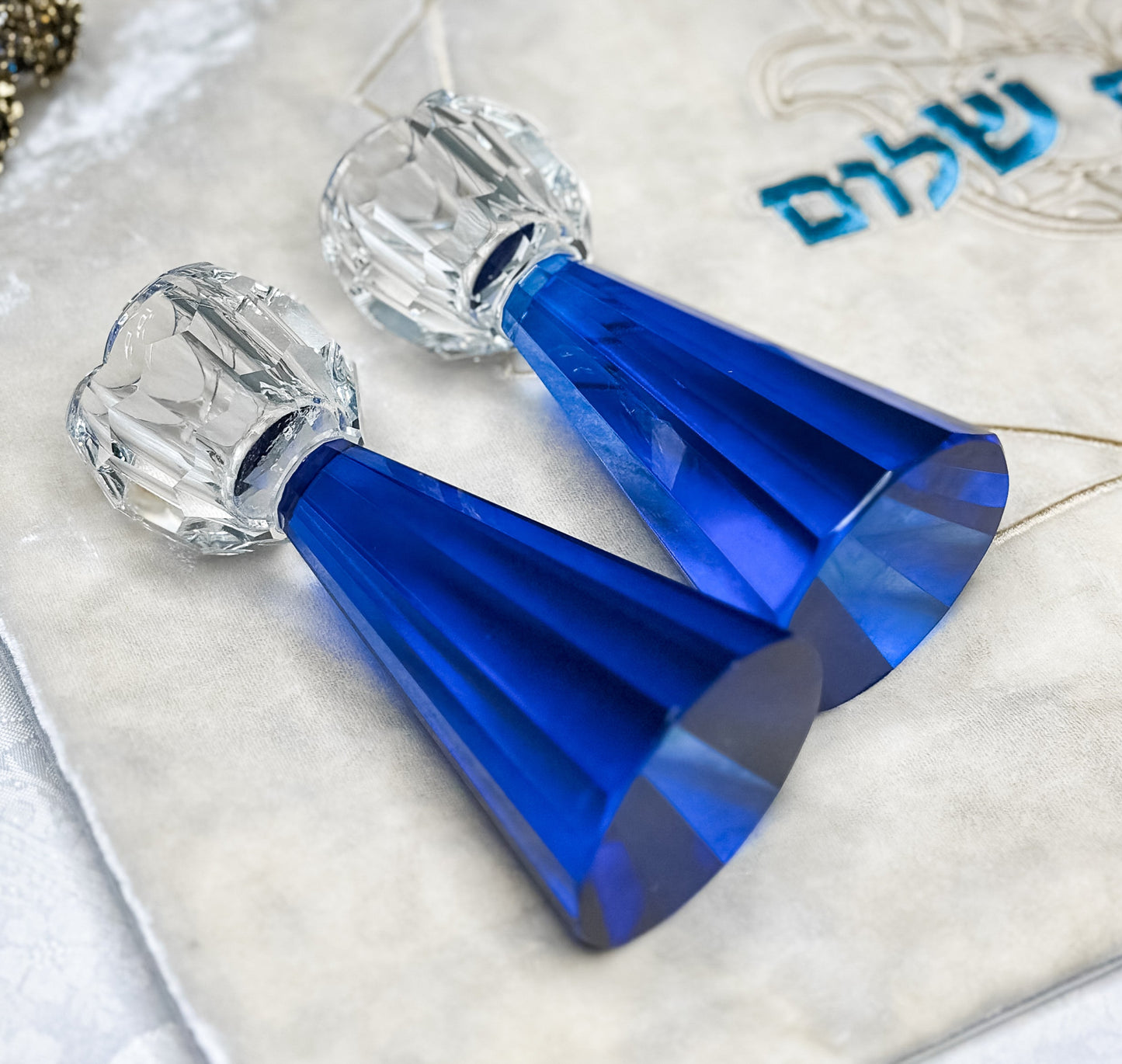 Royal Blue Crystal Shabbat Candlesticks