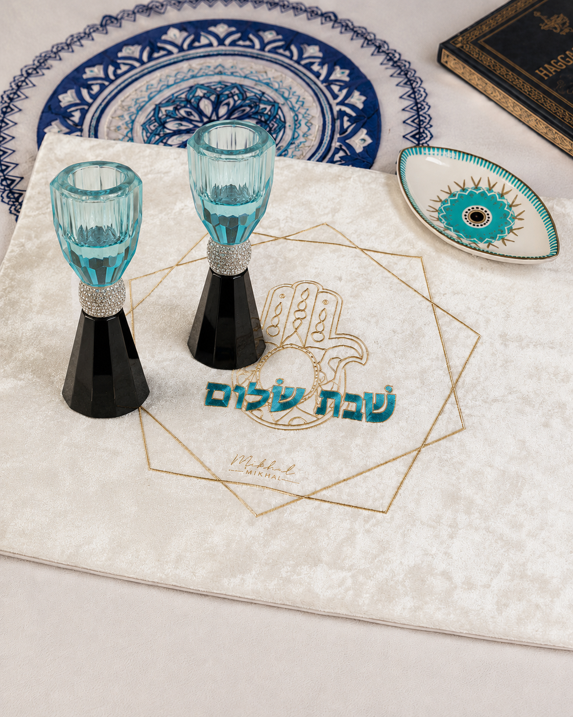 Blue Crystal Shabbat Candlesticks