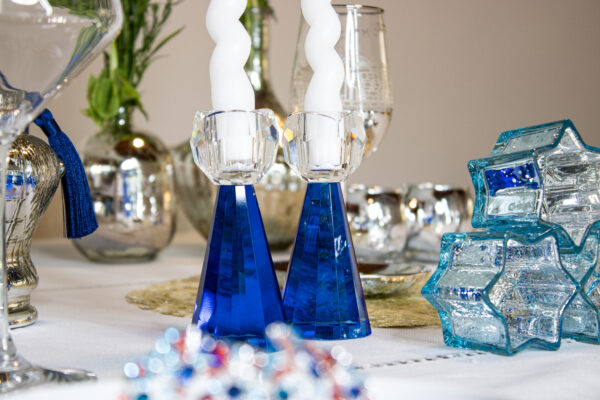 Royal Blue Crystal Shabbat Candlesticks