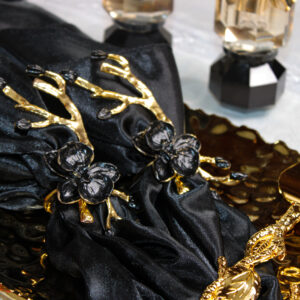 Plum Blossom Flower Branch Napkin Ring Gold/Black L (set of 4)